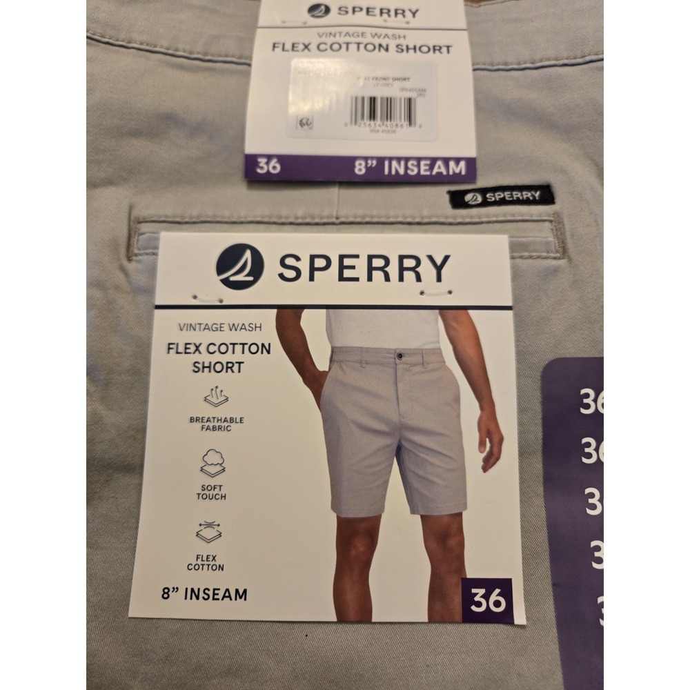 Sperry Men's Flat-Front Shorts Size 36 Light Grey 8" Inseam Vintage Wash New NWT
